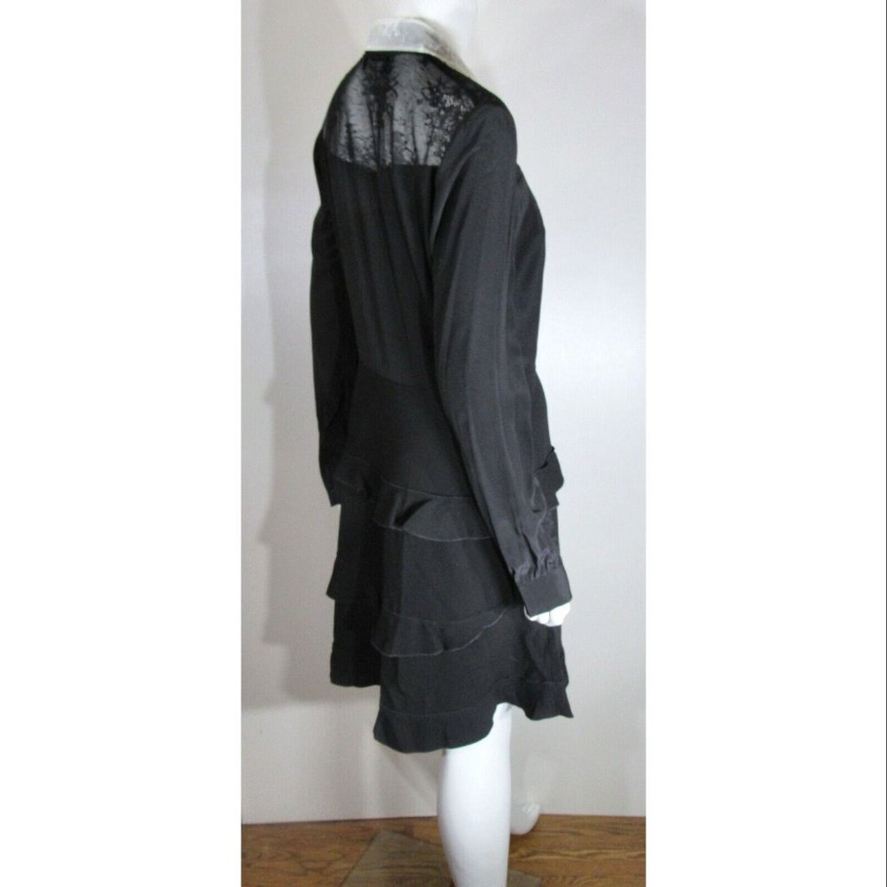 Kooples White Lace Collar Button Fron A-Line Ruffle Silk Black Dress Women's L - Picture 7 of 8